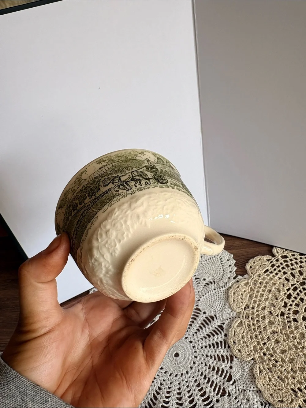Vintage White Teacup with Green Country Themed Art